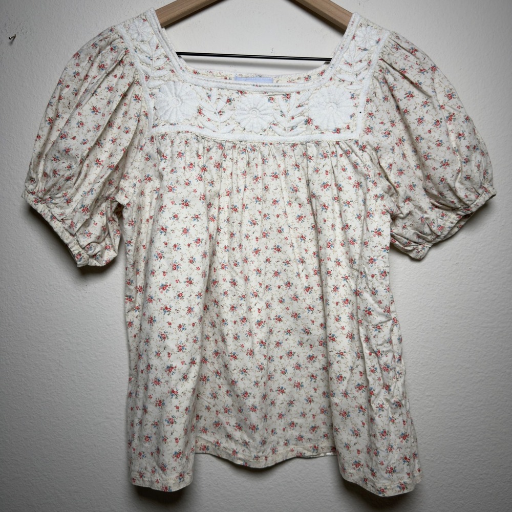 Mi Golondrina Women Cotton Top mall Cream Ditsy Floral Embroidered Puff Sleeve